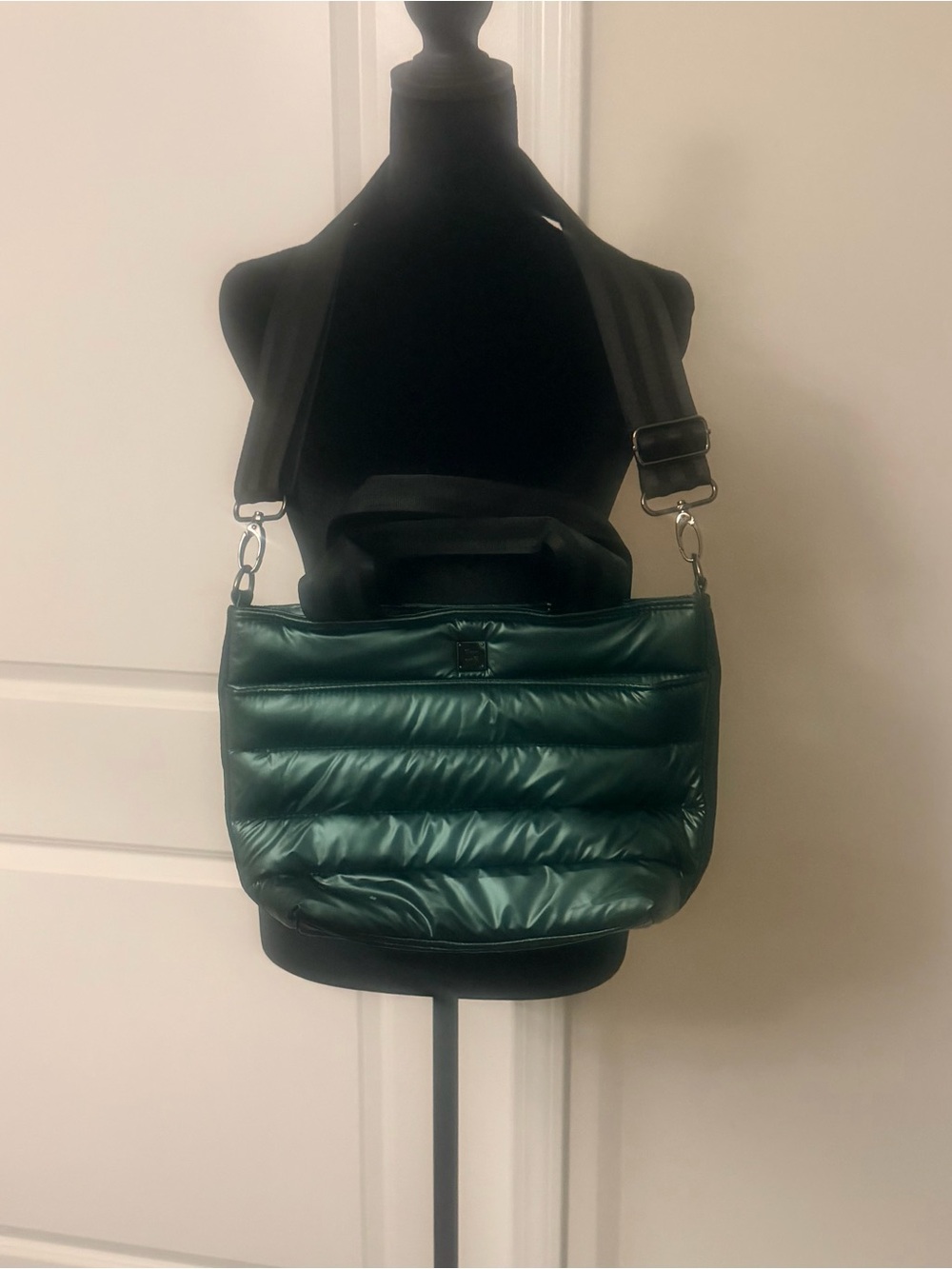 THINK ROYLN Quilted Emerald Green Shoulder Bag with Wide Black Strap